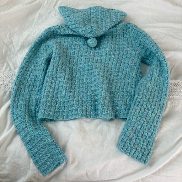 BCBGMaxAzria MEDIUM hooded Cardigan Sweater baby Blue pom pom wool blend - Picture 7 of 7